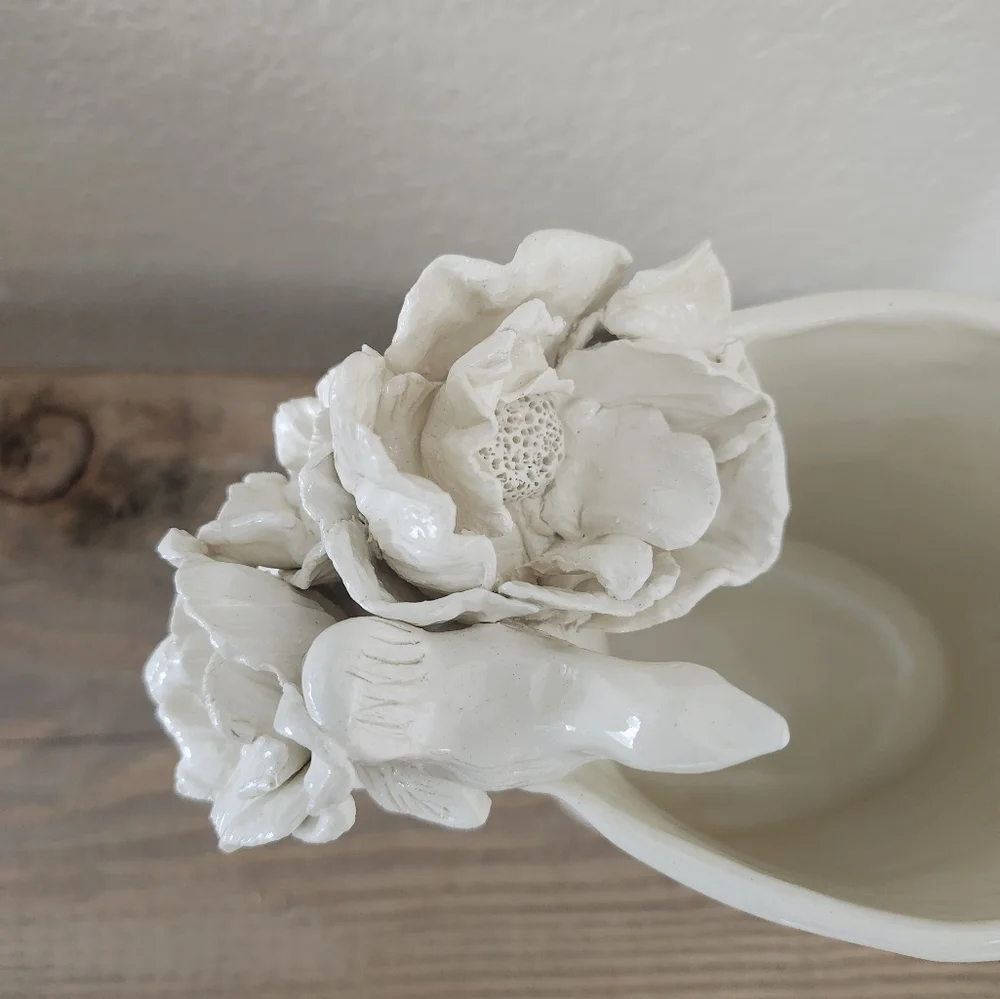 Vintage Handmade White Bird Flower  Delicate Ceramic Pitcher Vase